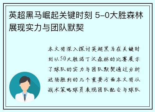 英超黑马崛起关键时刻 5-0大胜森林展现实力与团队默契